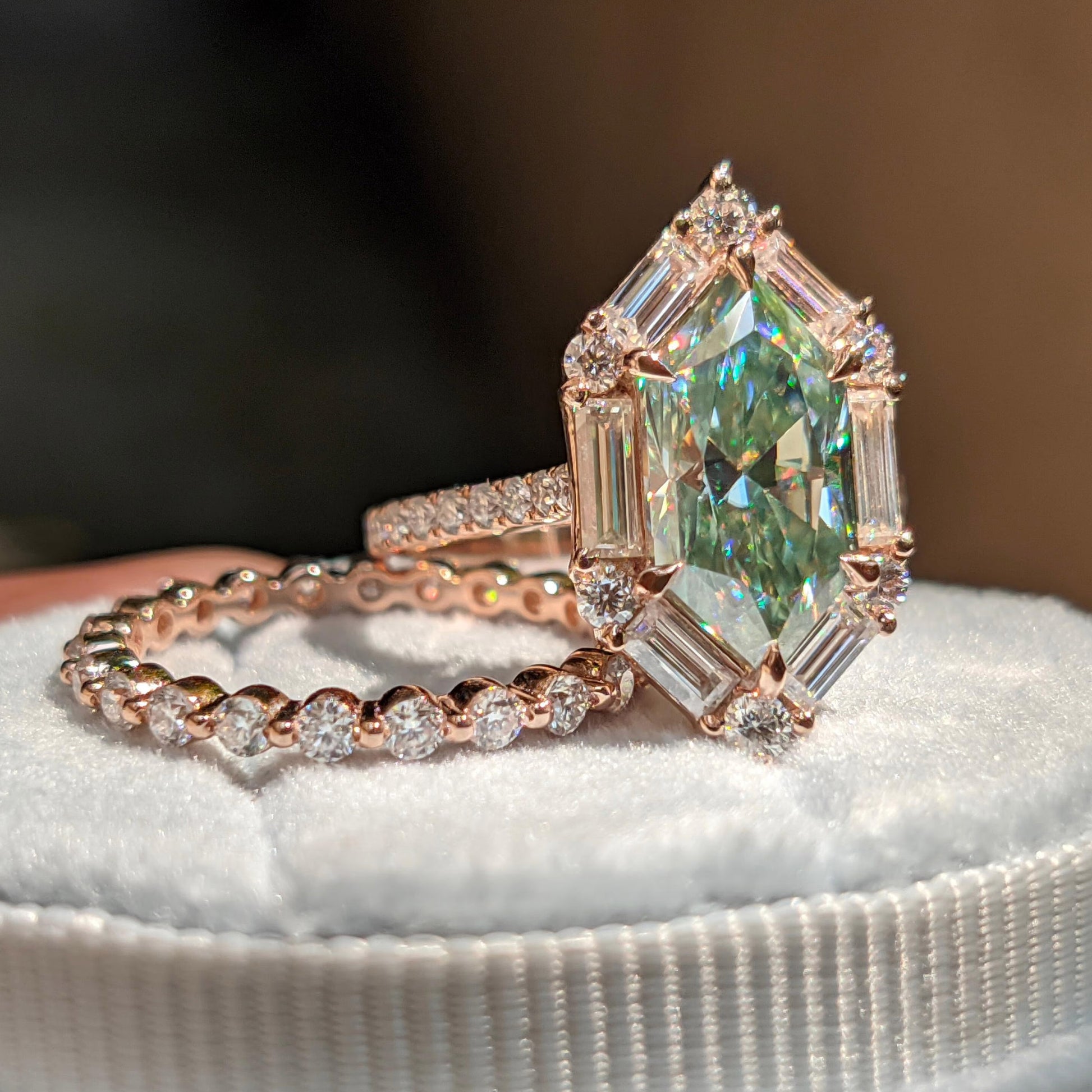 Azure Glow – Hexagon Cut Green Moissanite Baguette Halo Moissanite Engagement Ring Set