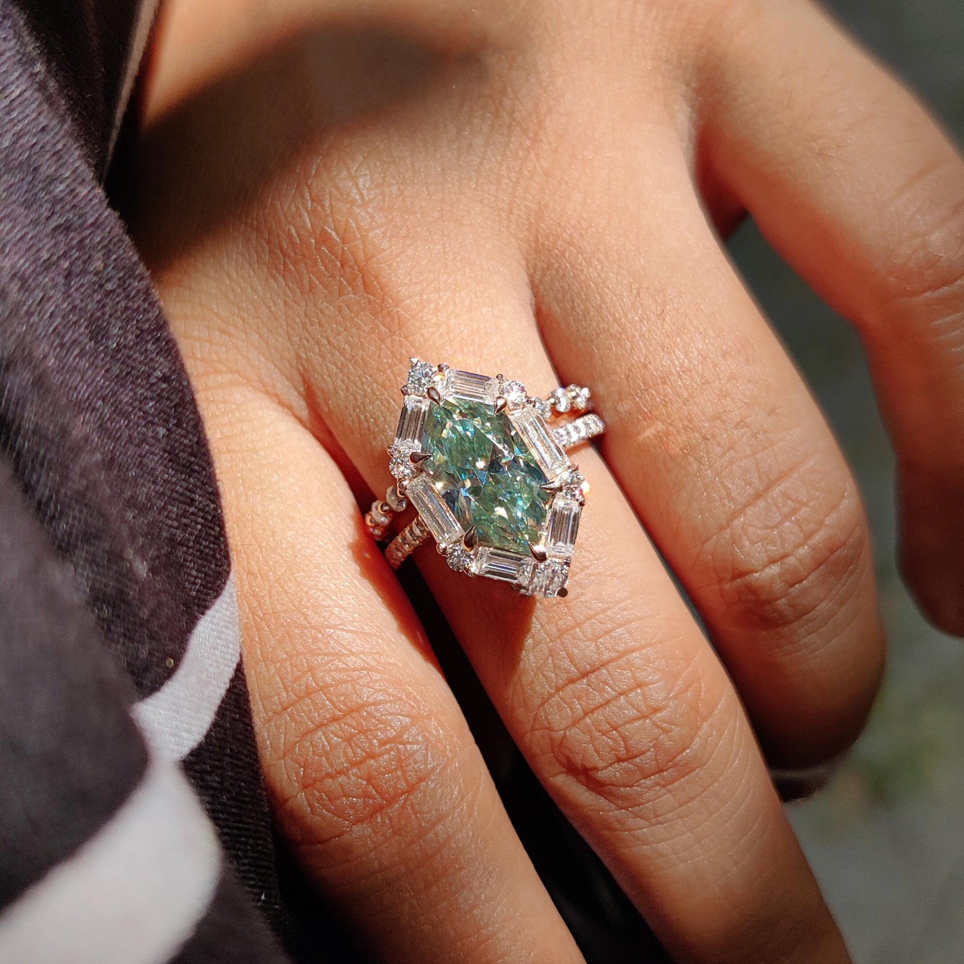 Azure Glow – Hexagon Cut Green Moissanite Baguette Halo Moissanite Engagement Ring Set