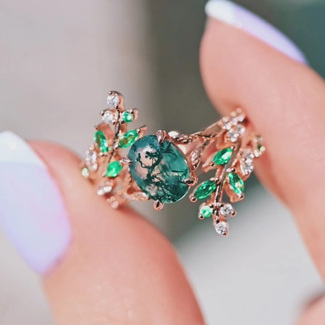 Green Moss Agate & Emerald Leaf Enhancer Bridal Set