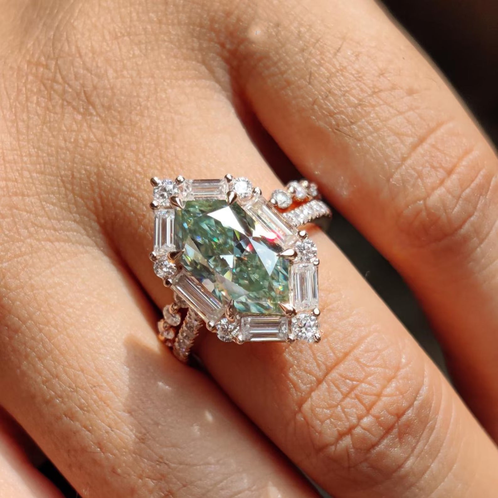 Azure Glow – Hexagon Cut Green Moissanite Baguette Halo Moissanite Engagement Ring Set