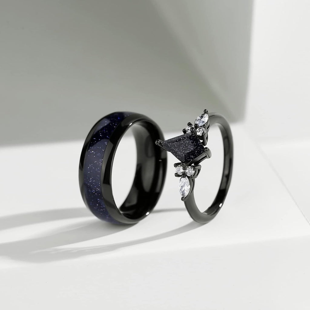 Couple Ring - Kite Cut Blue Sandstone Black Gold Engagement Promise Matching Rings