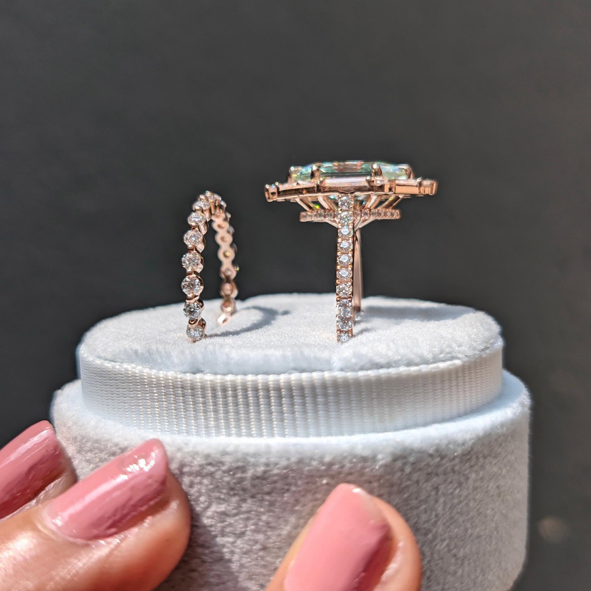 Azure Glow – Hexagon Cut Green Moissanite Baguette Halo Moissanite Engagement Ring Set