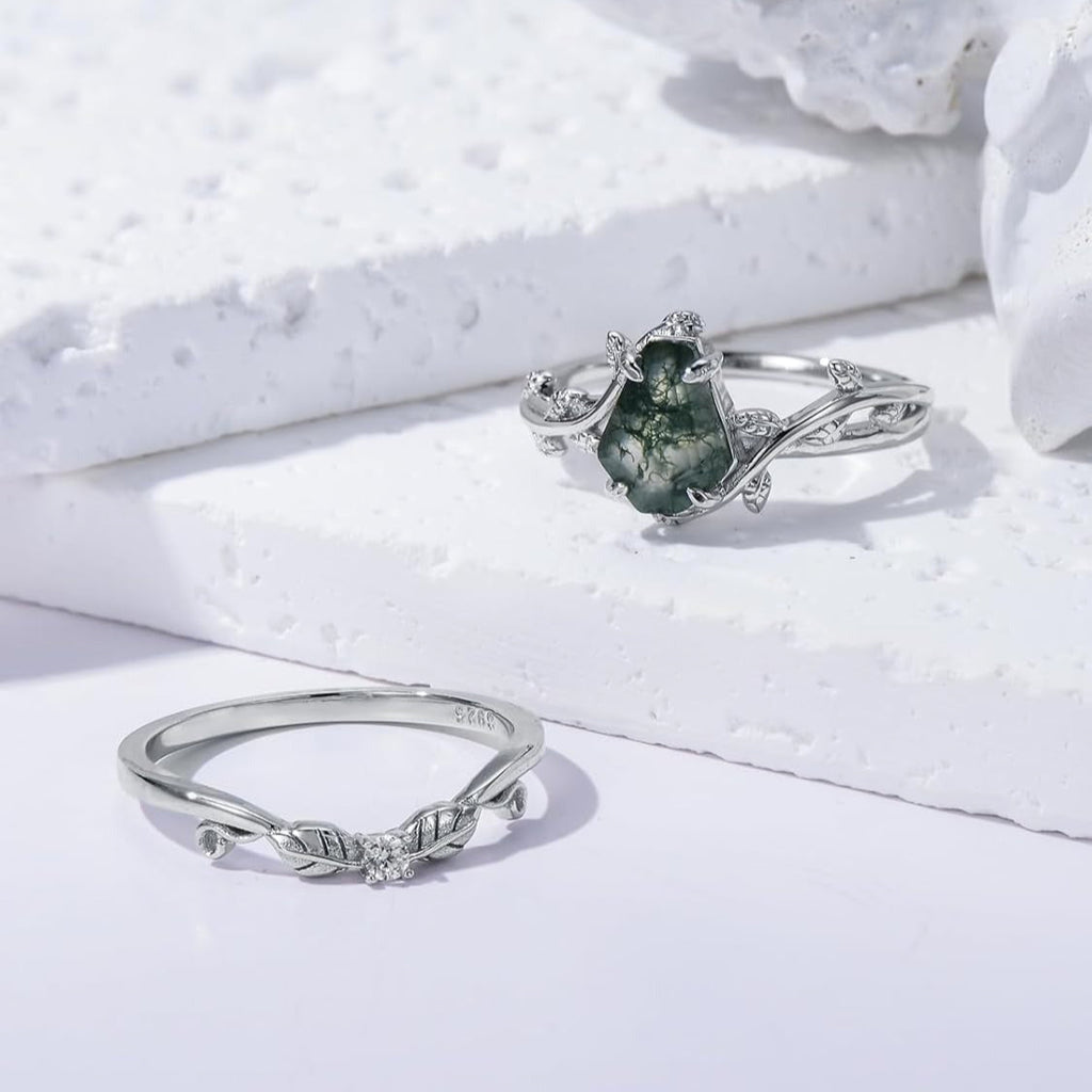 Unique Coffin Cut Natural Moss Agate Engagement Wedding Ring Set