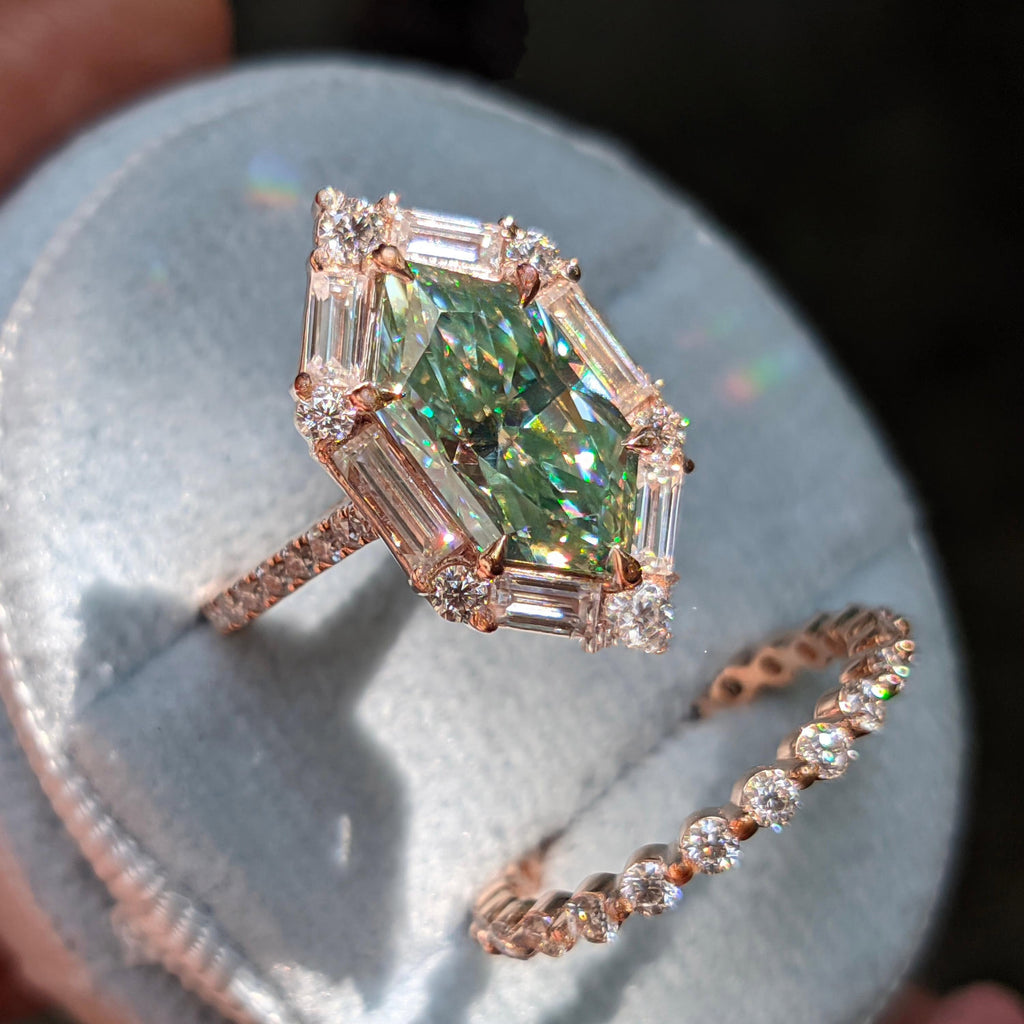 Azure Glow – Hexagon Cut Green Moissanite Baguette Halo Moissanite Engagement Ring Set