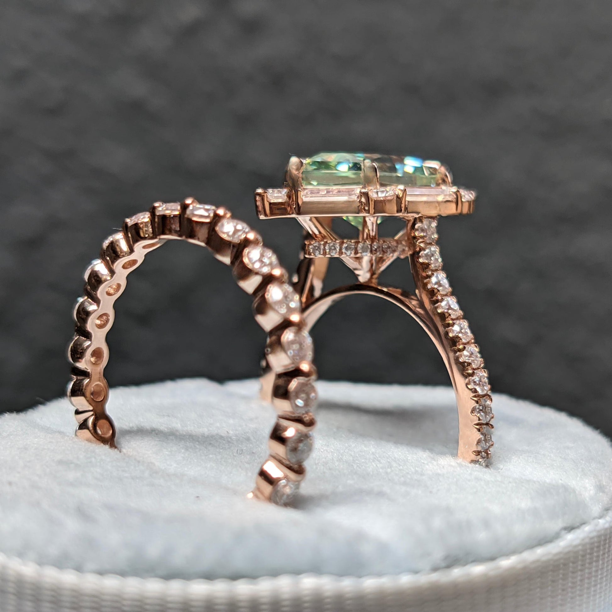 Azure Glow – Hexagon Cut Green Moissanite Baguette Halo Moissanite Engagement Ring Set