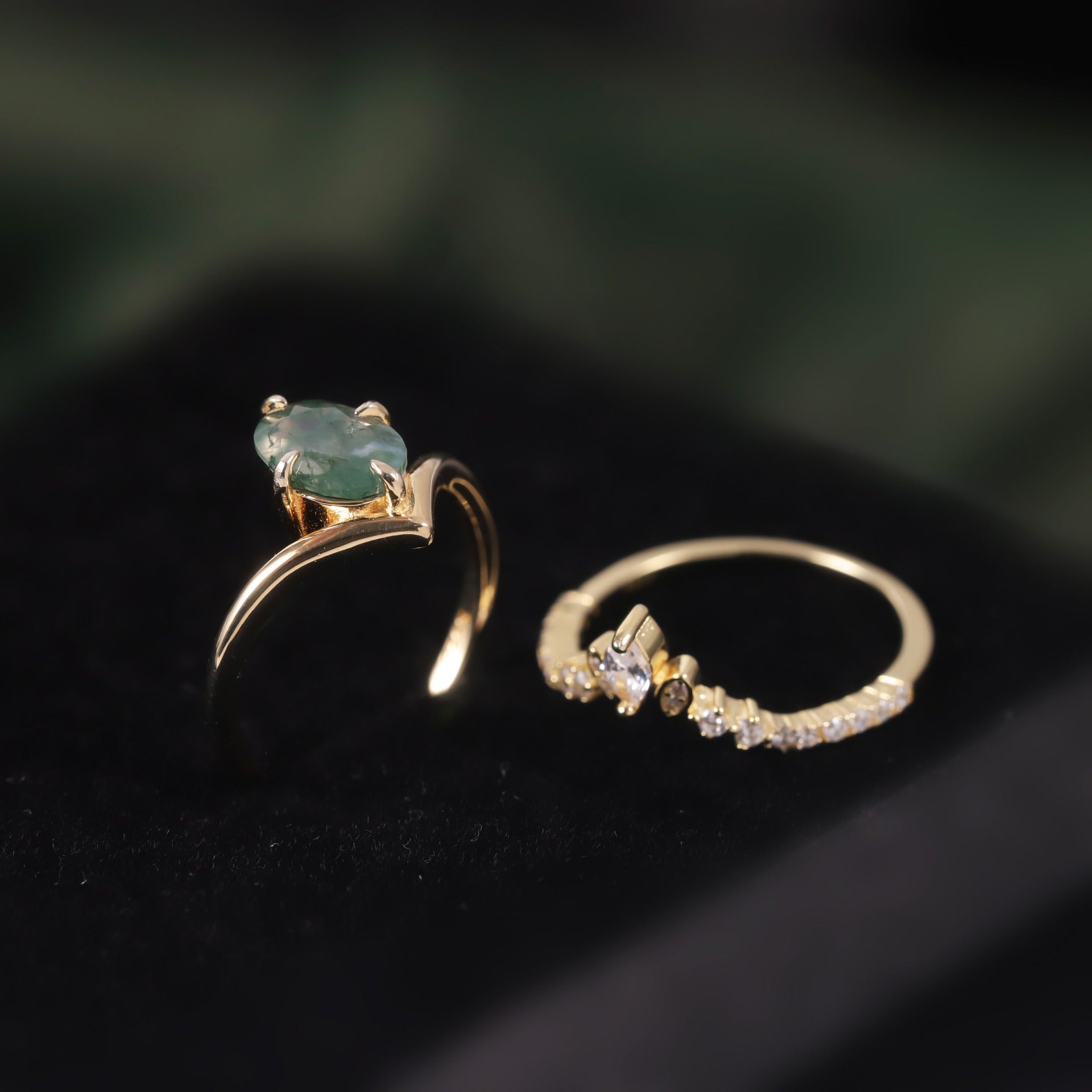 Green Moss Agate Ring V Shaped Classic Stacking Band Bridal Set