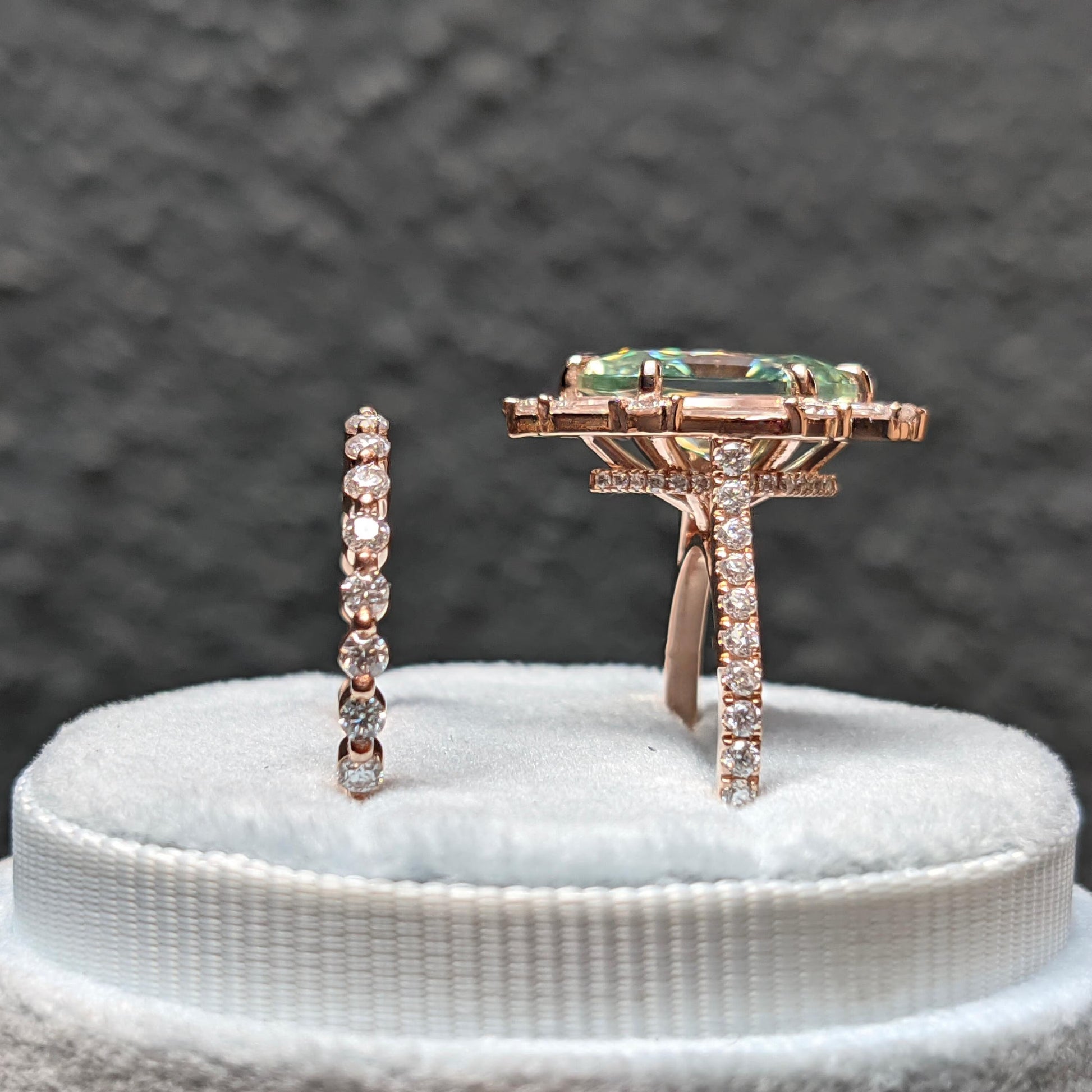 Azure Glow – Hexagon Cut Green Moissanite Baguette Halo Moissanite Engagement Ring Set