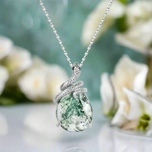 Pear Cut Moss Agate Mystical Serpent Carved Nature Inspired  Necklace