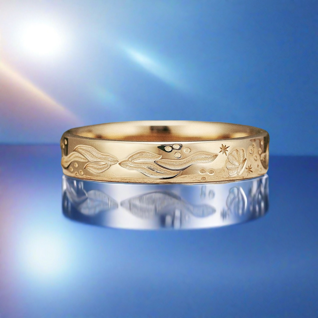 Whale Song 4MM Ocean Whale Inspired Engraving Solid Gold Mens Wedding Band