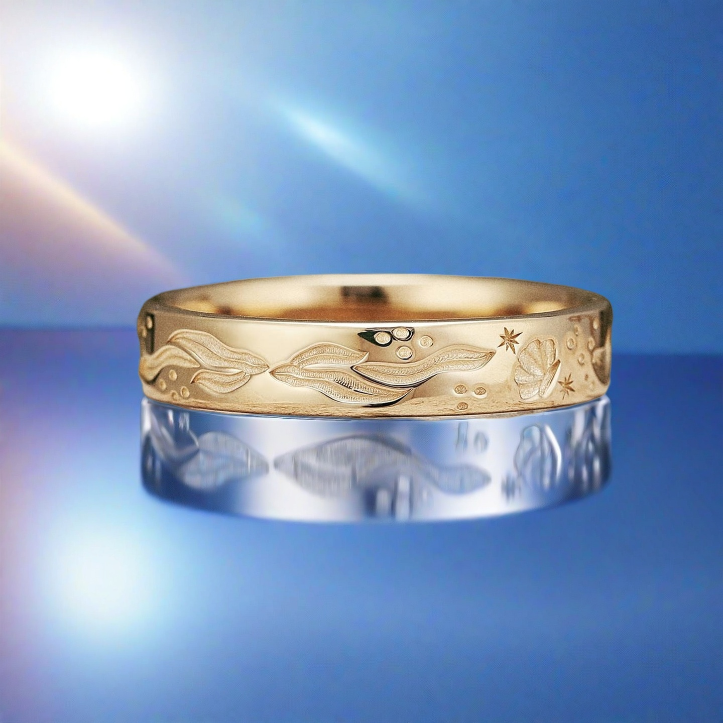 Whale Song 4MM Ocean Whale Inspired Engraving Solid Gold Mens Wedding Band