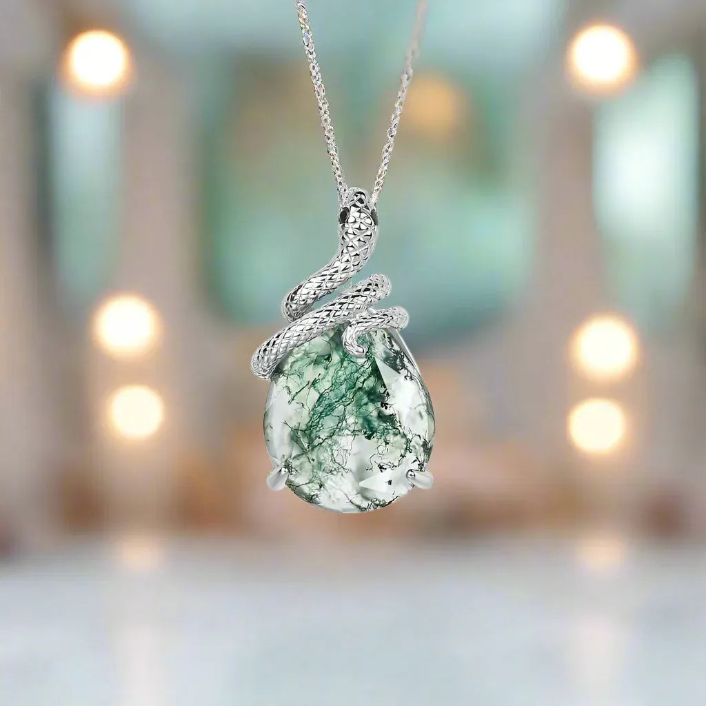 Pear Cut Moss Agate Mystical Serpent Carved Nature Inspired  Necklace
