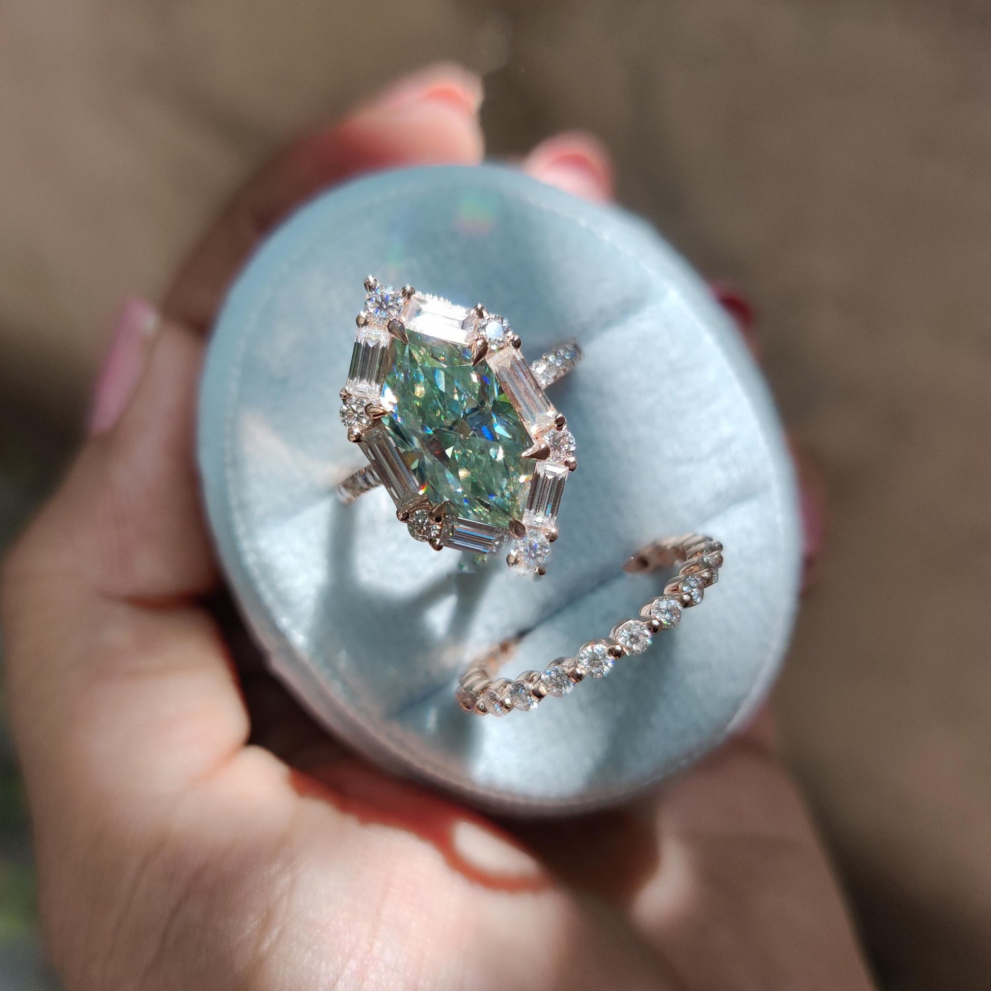 Azure Glow – Hexagon Cut Green Moissanite Baguette Halo Moissanite Engagement Ring Set
