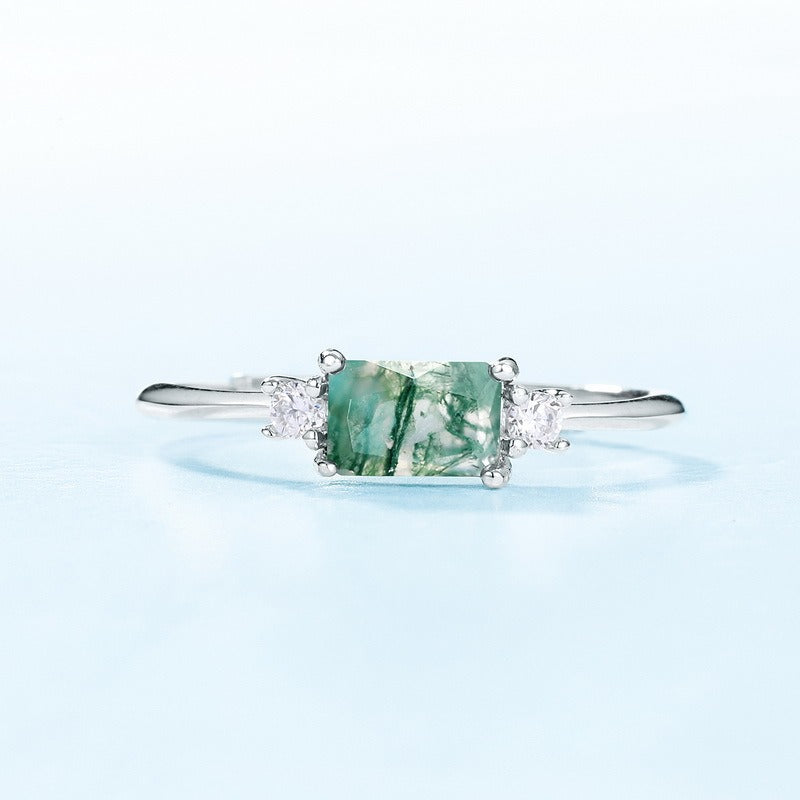 Baguette Cut Moss Agate Classic Adjustable Ring