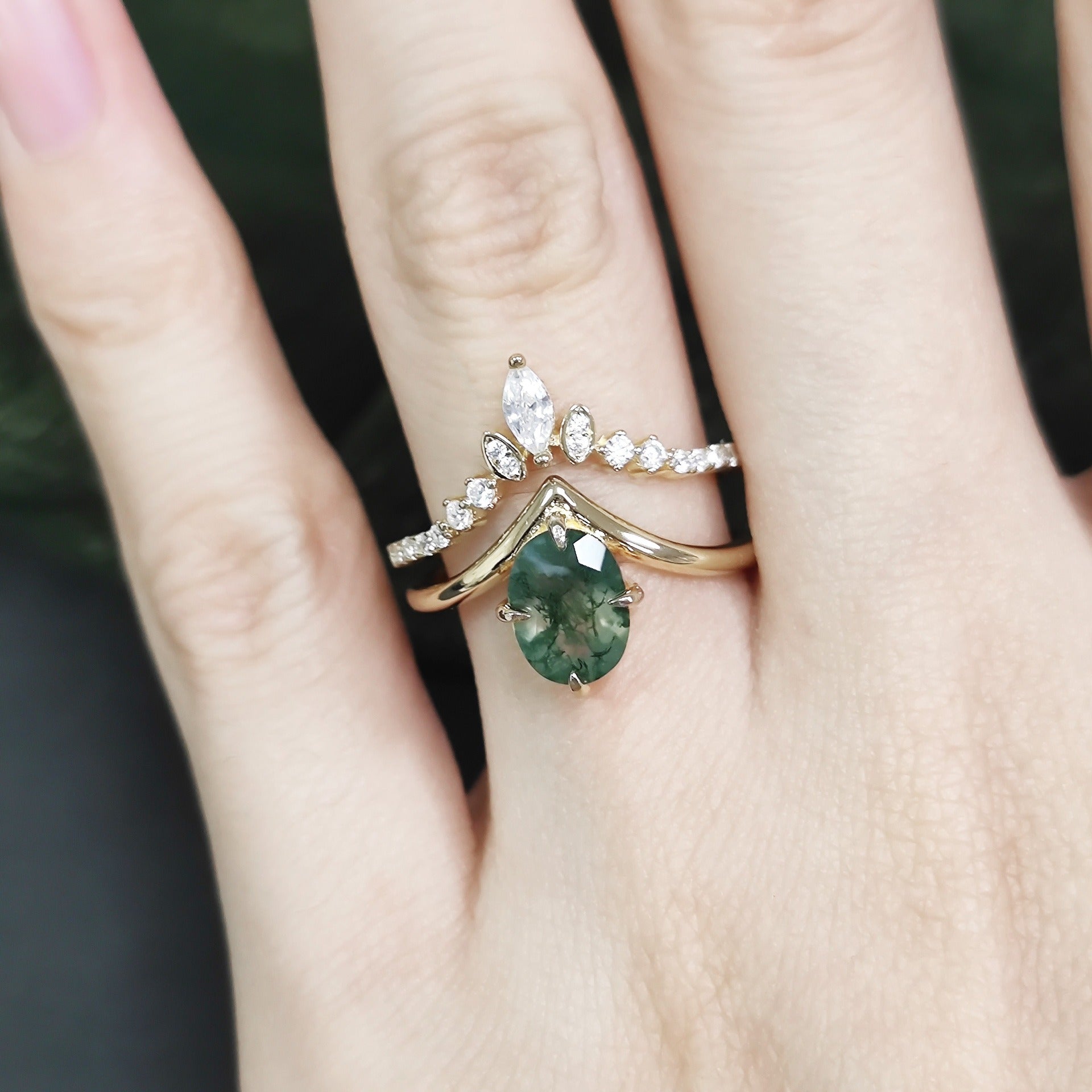 Green Moss Agate Ring V Shaped Classic Stacking Band Bridal Set