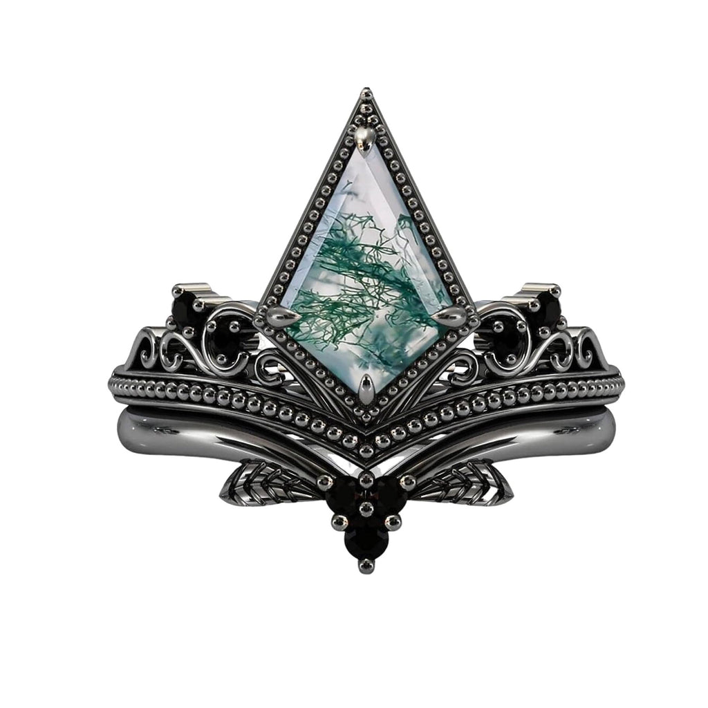 Natural Moss Agate Kite Cut Women Engagement Ring Set