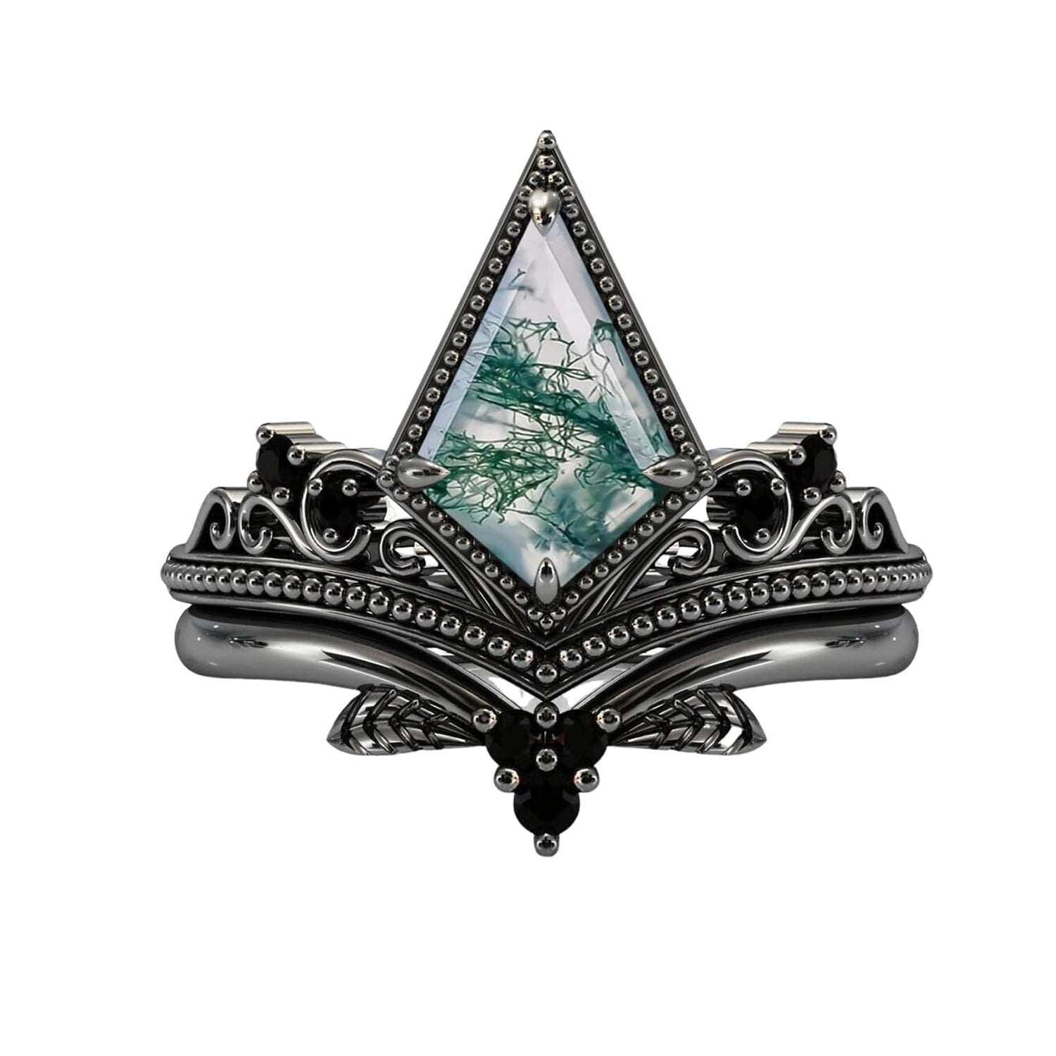 Natural Moss Agate Kite Cut Women Engagement Ring Set