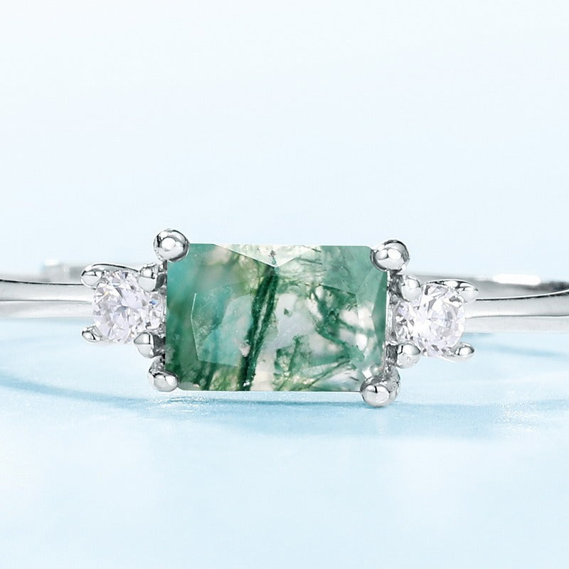 Baguette Cut Moss Agate Classic Adjustable Ring