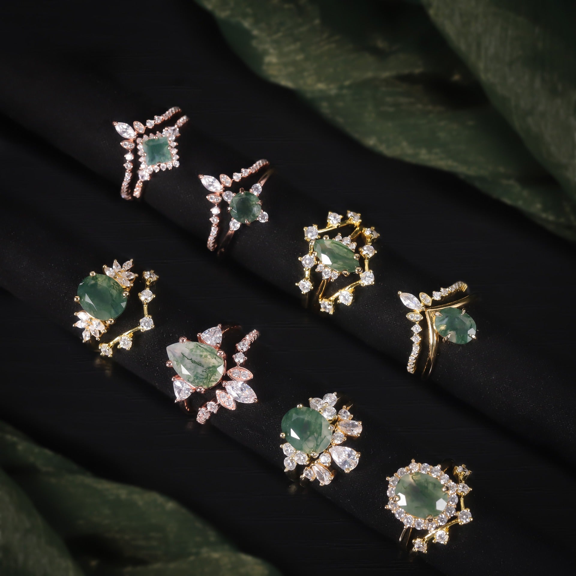 Green Moss Agate Ring V Shaped Classic Stacking Band Bridal Set