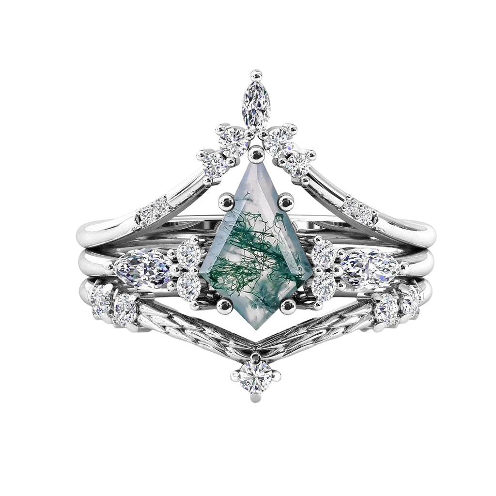 Black Gold Kite Cut Moss Agate Women Luxury Engagement Rings 3PCS