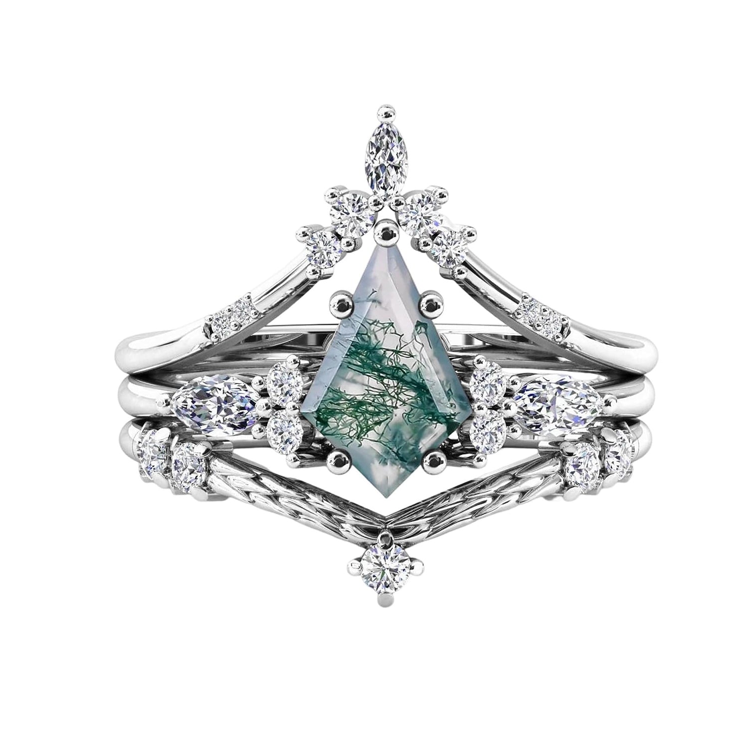 Black Gold Kite Cut Moss Agate Women Luxury Engagement Rings 3PCS