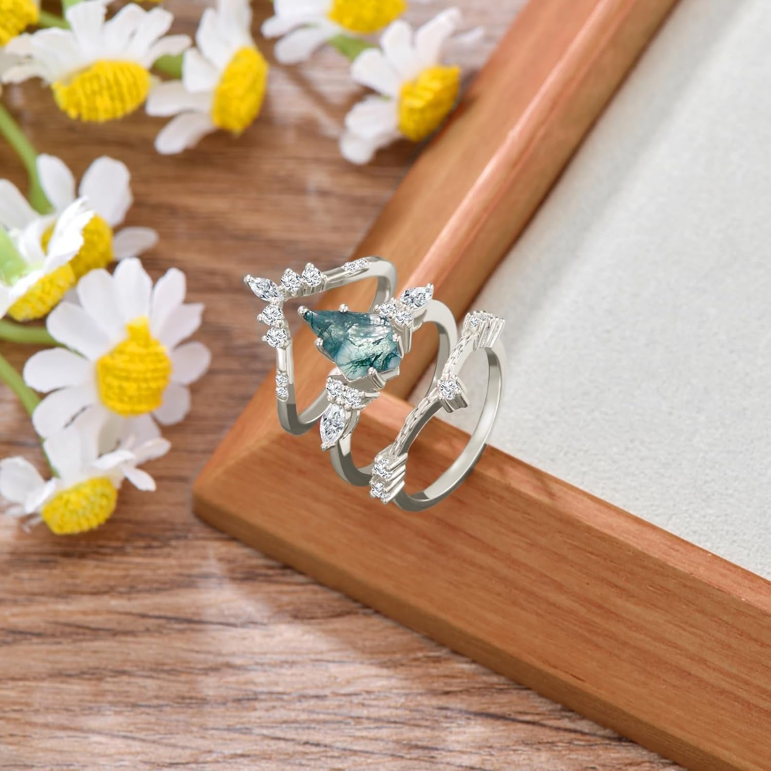 Black Gold Kite Cut Moss Agate Women Luxury Engagement Rings 3PCS