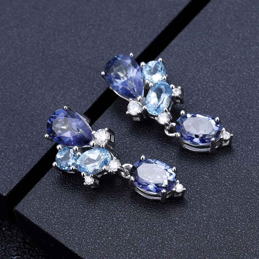 Pear & Oval Cut Natural Topaz&Amethyst Unique Drop Earrings