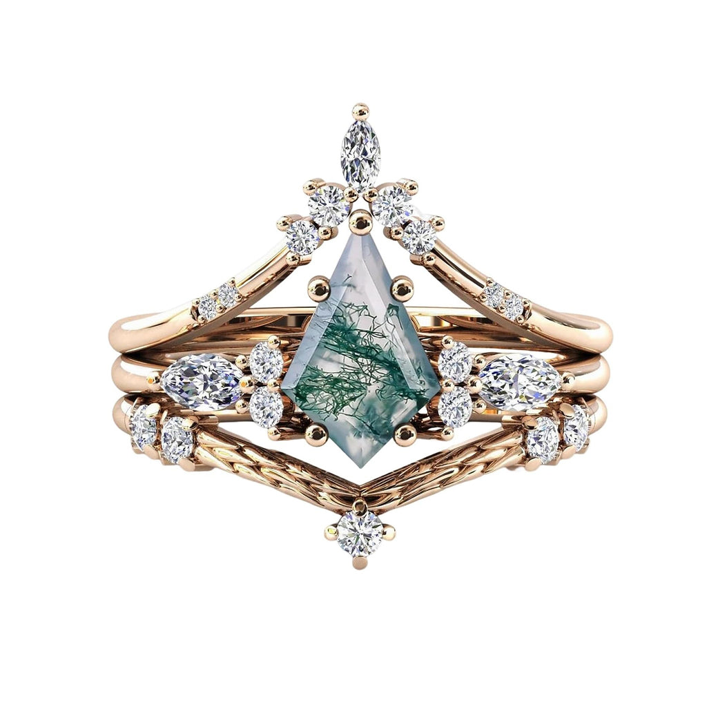 Black Gold Kite Cut Moss Agate Women Luxury Engagement Rings 3PCS