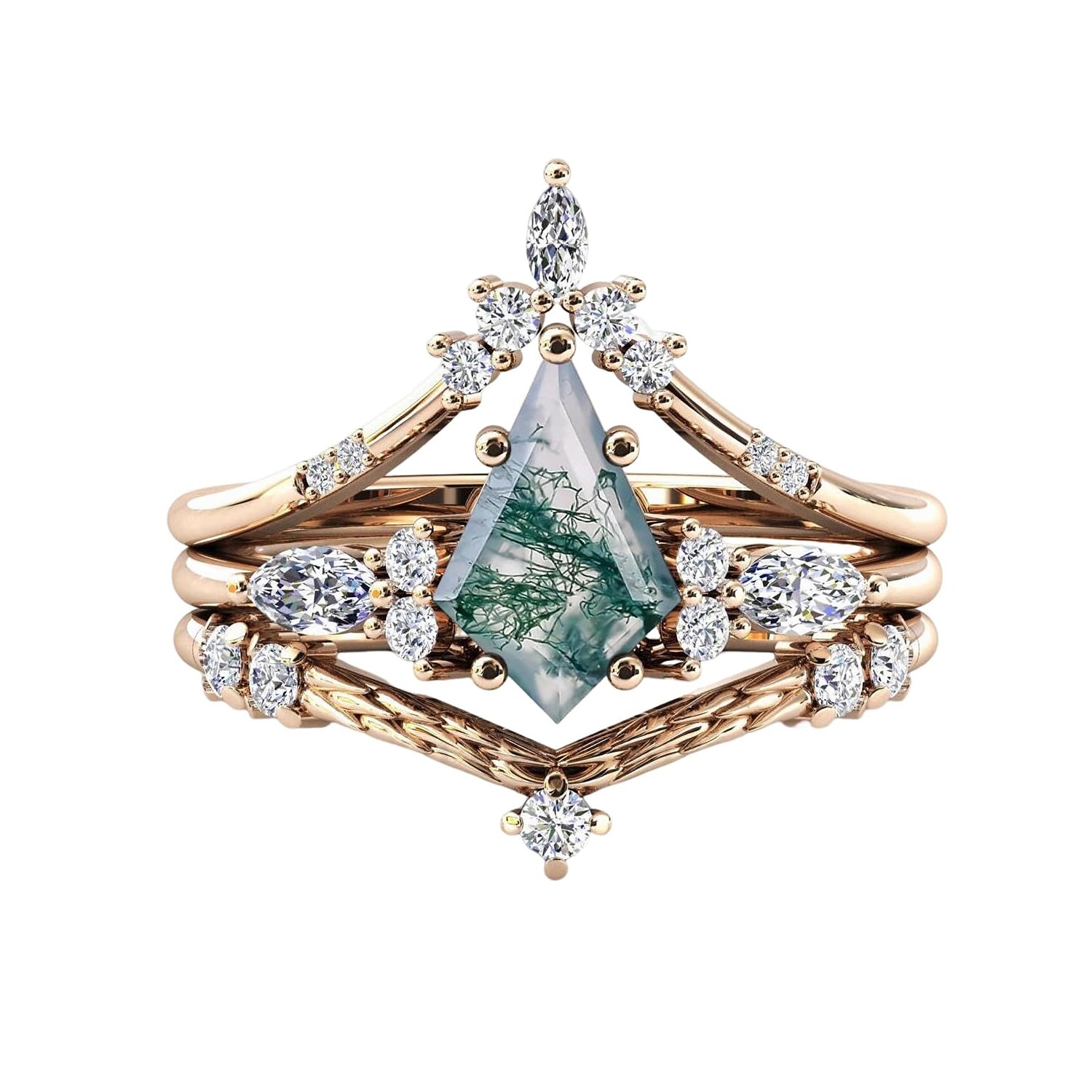 Black Gold Kite Cut Moss Agate Women Luxury Engagement Rings 3PCS