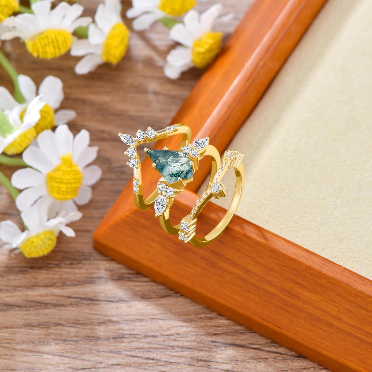 Black Gold Kite Cut Moss Agate Women Luxury Engagement Rings 3PCS