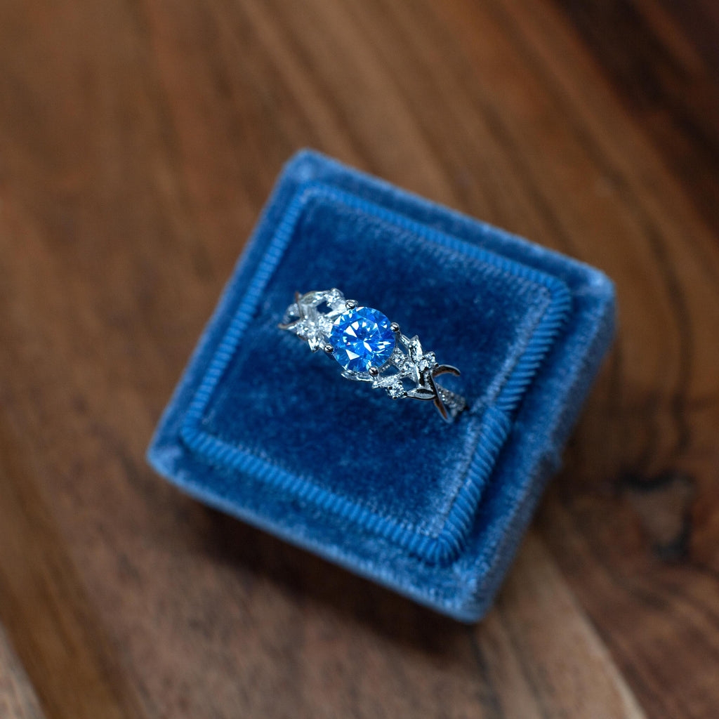 Ocean Whisper – Round Cut Blue Stone & Moissanite Stackable Engagement Ring