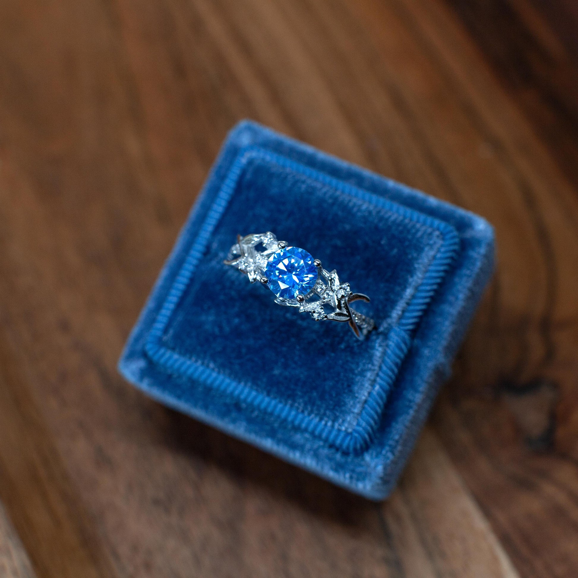Ocean Whisper – Round Cut Blue Stone & Moissanite Stackable Engagement Ring