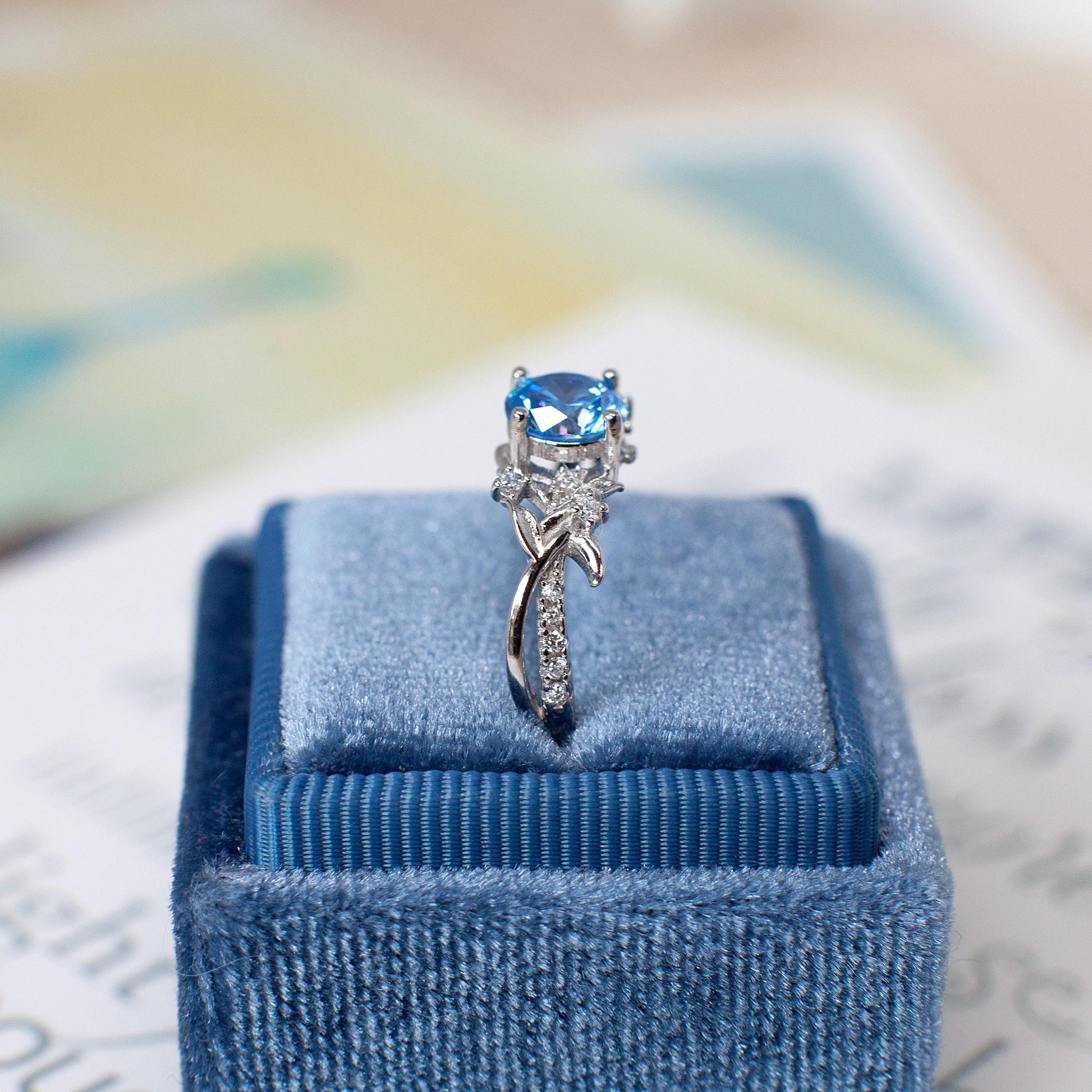 Ocean Whisper – Round Cut Blue Stone & Moissanite Stackable Engagement Ring