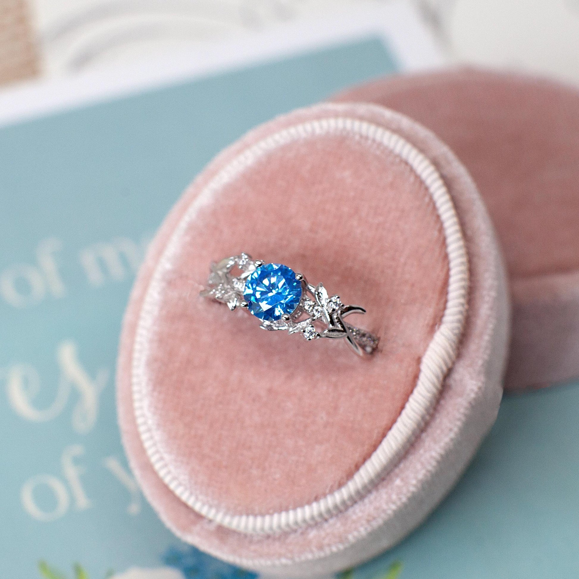 Ocean Whisper – Round Cut Blue Stone & Moissanite Stackable Engagement Ring
