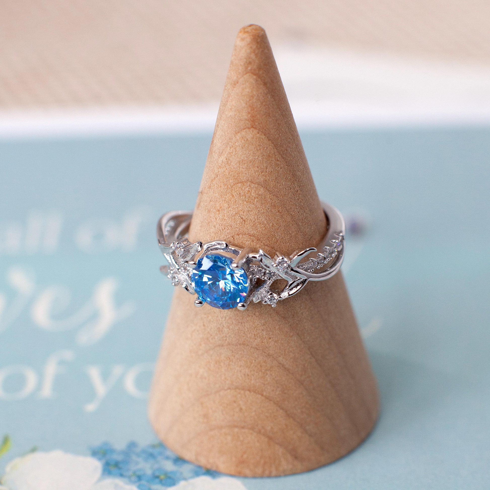 Ocean Whisper – Round Cut Blue Stone & Moissanite Stackable Engagement Ring
