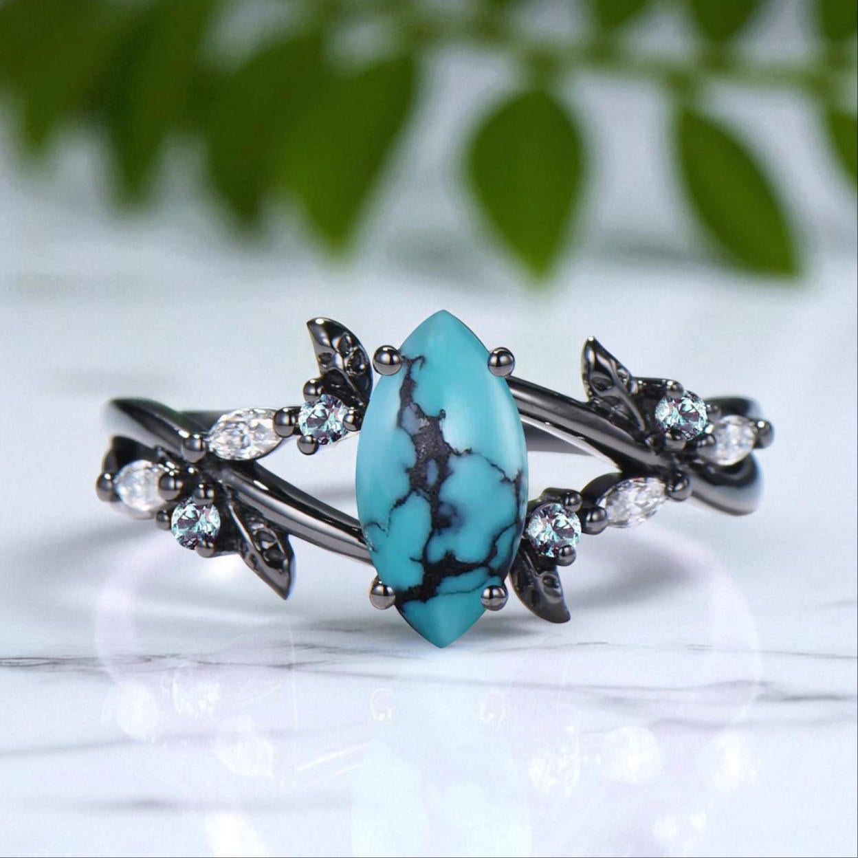 Unique Natural Inspired Gothic Marquise Turquoise Birthstone Engagement Ring