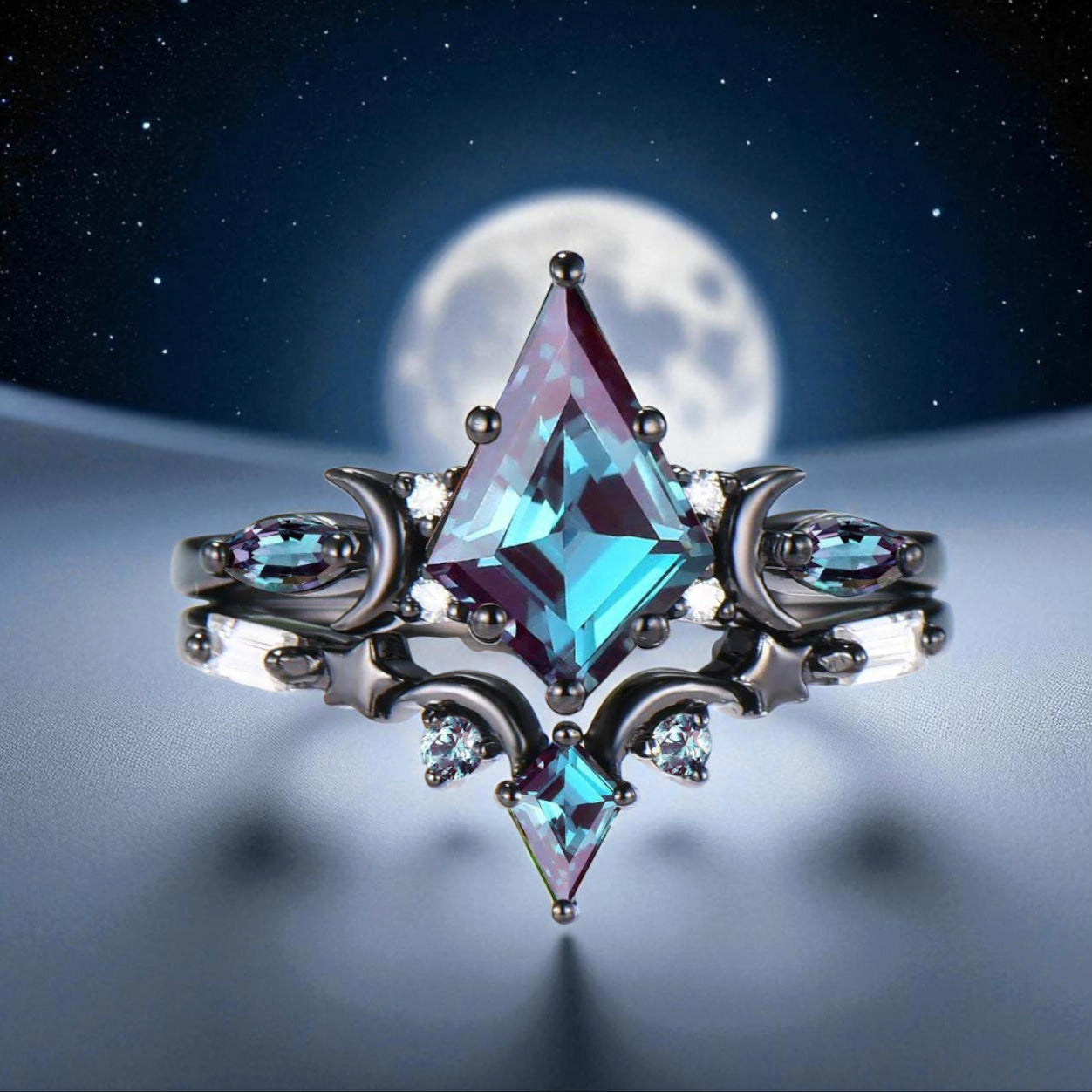 Crescent Moon Star Black Kite Cut Alexandrite June Birthstone Gothic Bridal Ring Set
