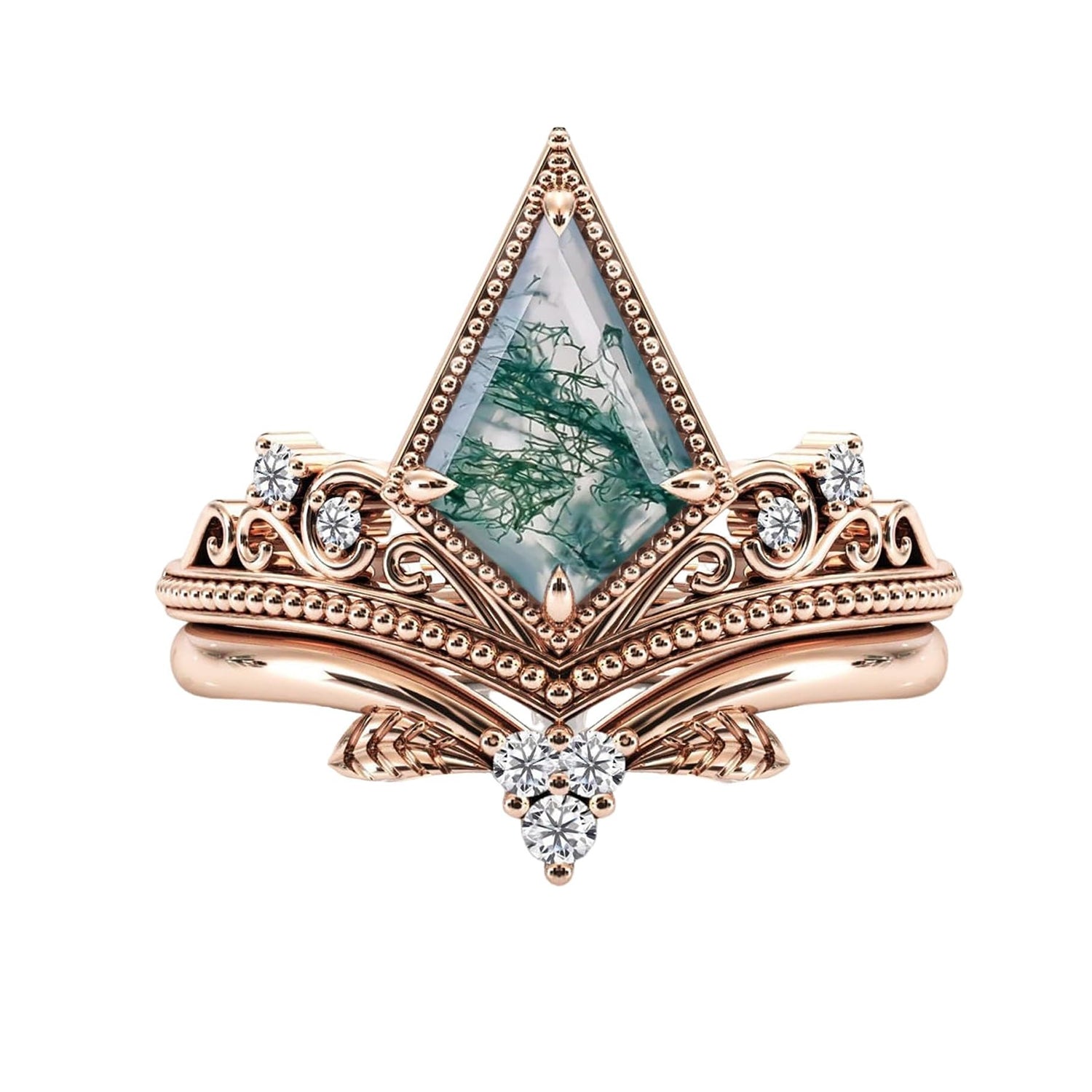 Natural Moss Agate Kite Cut Women Engagement Ring Set