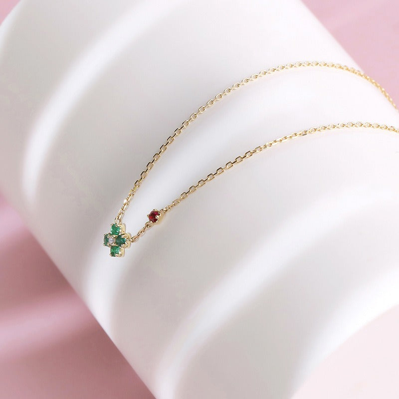 Celestia Four Leaf Clover Round Cut Natural Emerald & Ruby Christmas Necklace