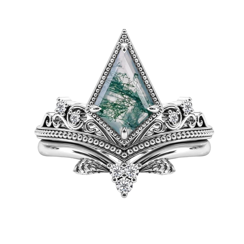 Natural Moss Agate Kite Cut Women Engagement Ring Set