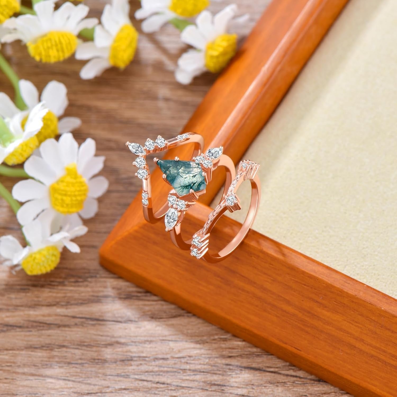 Black Gold Kite Cut Moss Agate Women Luxury Engagement Rings 3PCS
