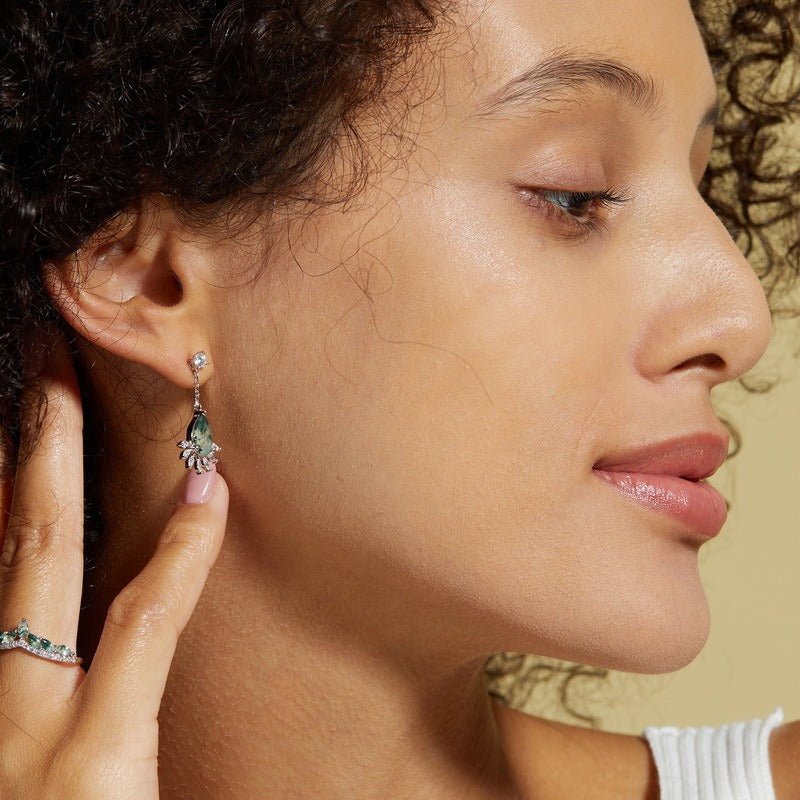 Pear Cut Moss Agate Tassel Design Classic Drop Earrings