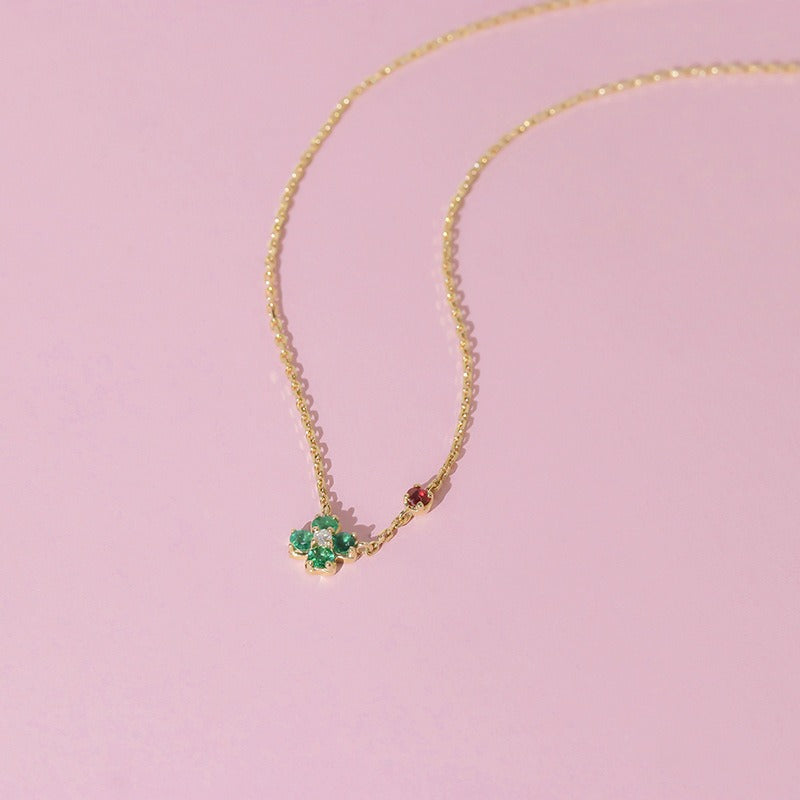 Celestia Four Leaf Clover Round Cut Natural Emerald & Ruby Christmas Necklace