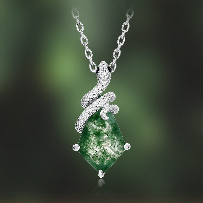 Pear Cut Moss Agate Mystical Serpent Carved Nature Inspired  Necklace