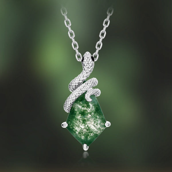 Kite Cut Moss Agate Mystical Serpent Carved Nature Inspired  Necklace