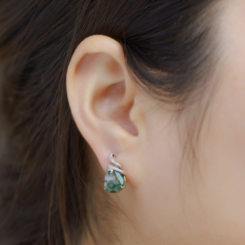 Pear Cut Moss Agate Unique Snake Stud Earrings