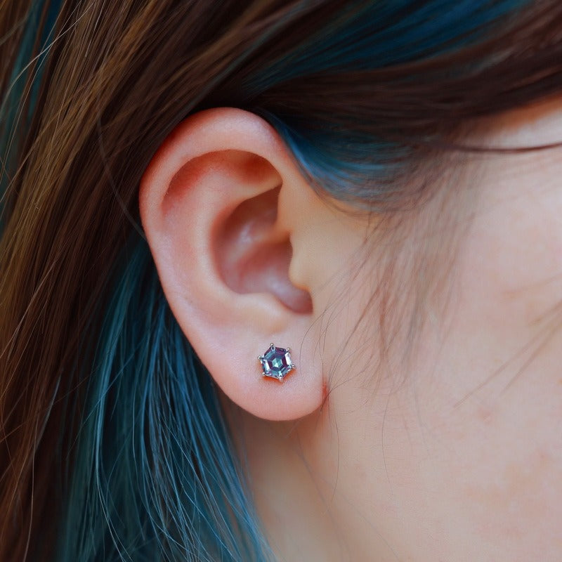 Hexagon Cut Lab Alexandrite Classic Stud Earrings
