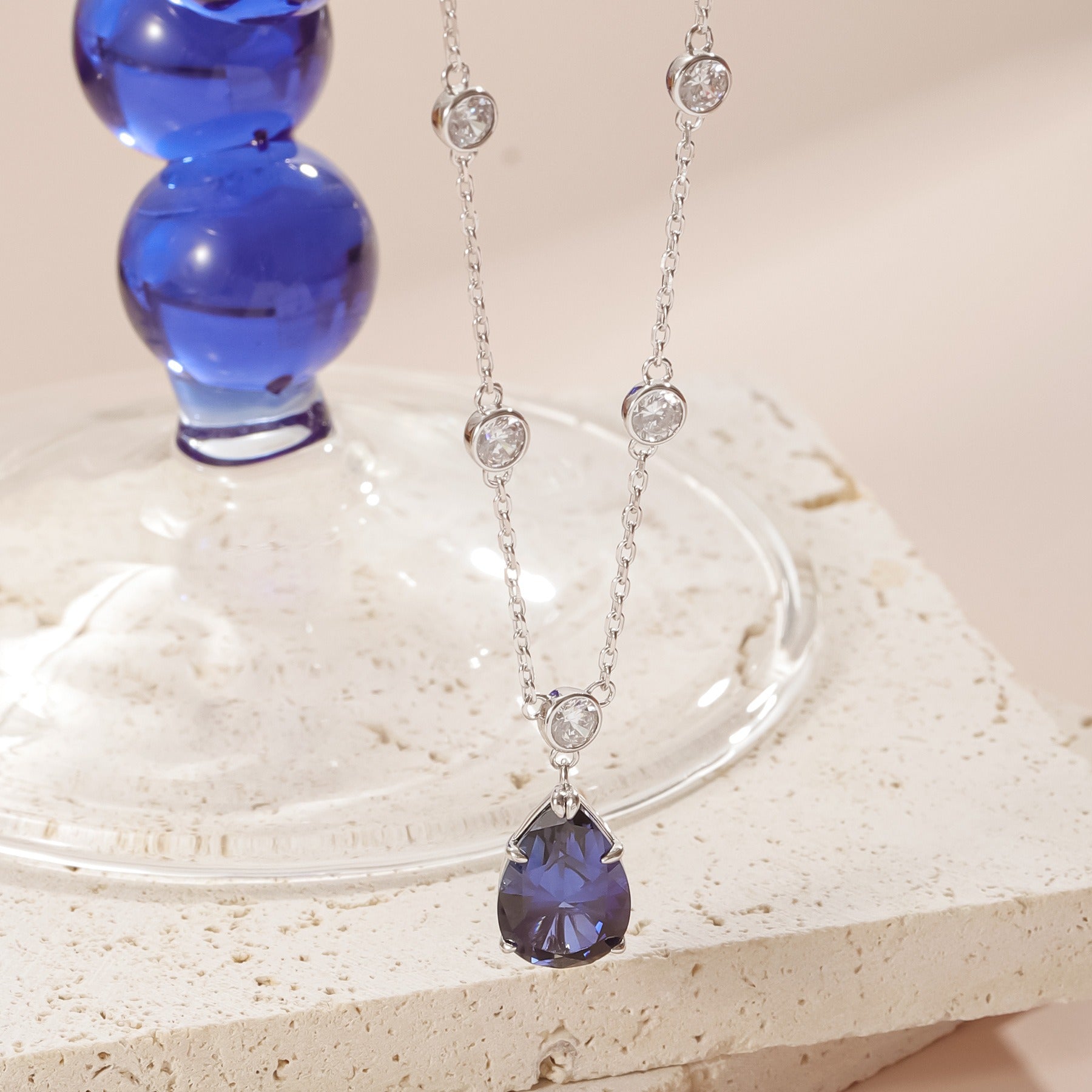 Celestine Pear Cut Lab Sapphire Classic Necklace