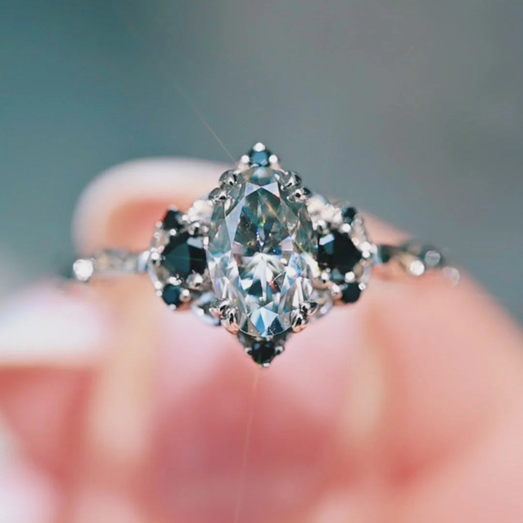 Three Stone Oval Grey Moissanite & Black Moissanite Gothic Ring