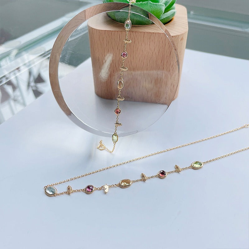 "Sweet Souls" - Feather Charm Peridot & Garnet & Citrine & Sky Blue Topaz Bracelet