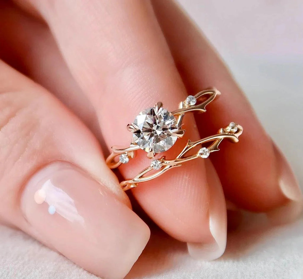 Round Cut Moissanite Twig Solitaire Engagement Bridal Sets